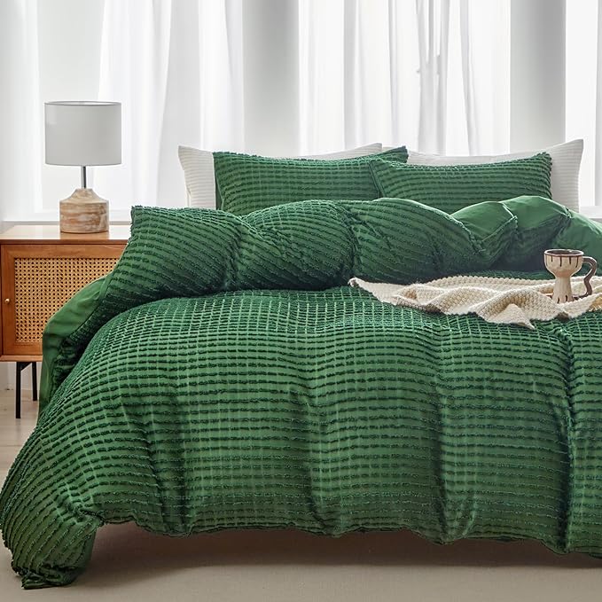 WARMDERN Boho Duvet Cover Set King Size,Forest Green Striped Duvet Cover Microfiber Bedding Set,3PCS Ultra Soft Breathable Lightweight Tuft Texture Duvet Covers with Zipper Closure(Forest Green,King)