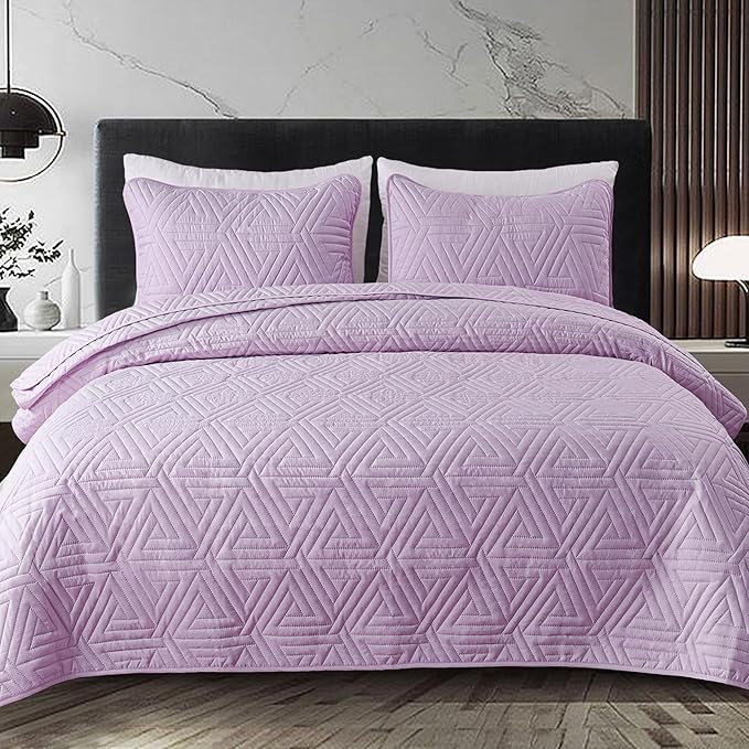 Whale Flotilla Soft Queen Size Quilt Set for All Seasons, 3-Piece Ultrasonic Geometric Quilts Bedding Set, Lightweight Reversible Bedspread, Coverlet, Bed Cover with 2 Pillow Shams, Light Purple