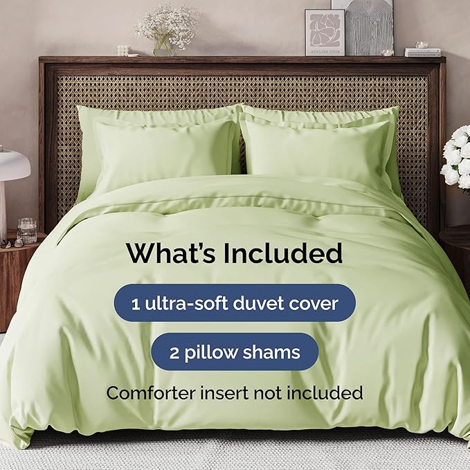 Duvet Cover Queen Size - Extra Soft Queen Size Duvet Cover - Lightweight, Breathable, Easy Care & Fade Free w/ Zipper Closures & Ties - 90" x 90" Inches - (Light Sage Green) Comforter Not Included