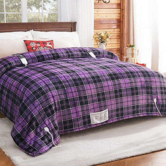 Heated Electric Blanket King Size, 90X100 Heating Blanket King with Dual Control&10 Heats Levels&Timer for Bed,Large Purple Plaid Sherpa Blankets Warmer Gifts for Grandma Women Adults, Washable