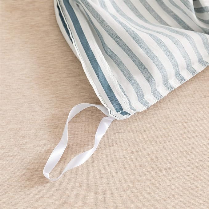JELLYMONI 100% Natural Cotton 3pcs Striped Duvet Cover Sets,White Duvet Cover with Grayish Blue Stripes Pattern Printed Comforter Cover,with Zipper Closure & Corner Ties(King Size)