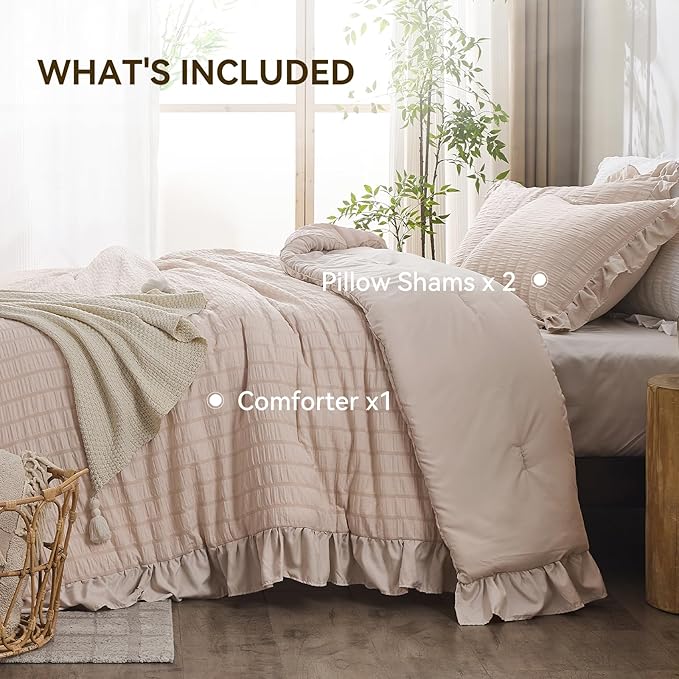 JOLLYVOGUE Beige Comforter Full Size, 3 Pieces Seersucker Lightweight Full Size Bedding, All Season Fluffy Microfiber Bedding Comforter Set with 1 Ruffle Comforter and 2 Ruffle Pillowshams