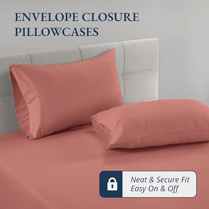 LANE LINEN 100% Organic Cotton Twin Fitted Sheet, 2-Piece Set (1 Fitted Sheet, 1 Pillowcase), Percale Weave, Lightweight, Soft, Breathable, Fits Mattress Upto 15' Deep - Rose Dawn (No Flat Sheet)