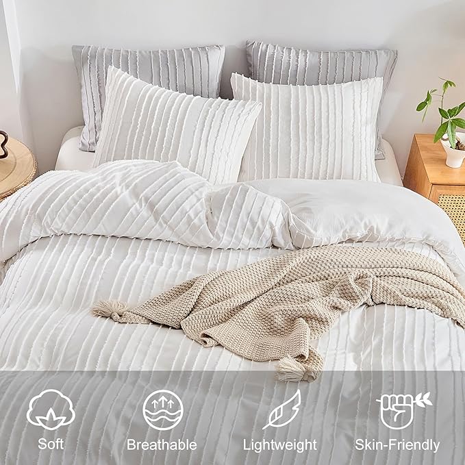 WARMDERN White Boho Duvet Cover Set, Striped Textured Tufted Bedding, Twin Size Washed Microfiber Duvet with Zipper Closure & Corner Ties
