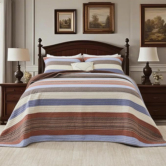 Oversized King Quilt Bedspread Coverlet 128x120, 100% Cotton California King Quilt with Pillow Shams, Soft Yarn Dyed Multicolor Striped Bedding Set, Brown/Beige/Blue