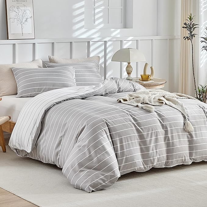 Lekesky Striped Duvet Cover King Size, Grey Striped King Duvet Cover Set, Soft Microfiber King Comforter Cover 3 Pieces Grey Bedding Sets with Zipper Ties & 2 Pillowcases 20"x36"