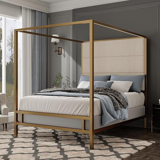 Merax King Size Modern Canopy Bed Frame, with Tall Linen Fabric Upholstered Headboard Metal 4-Poster, Box Spring Needed, Gold + Tan
