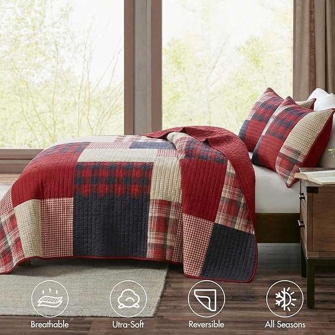 Woolrich Sunset Reversible Quilt Set - Cottage Styling Reversed to Solid Color, All Season Lightweight Coverlet, Cozy Bedding Layer, Matching Shams, Oversized Full/Queen, Plaid Red 3 Piece