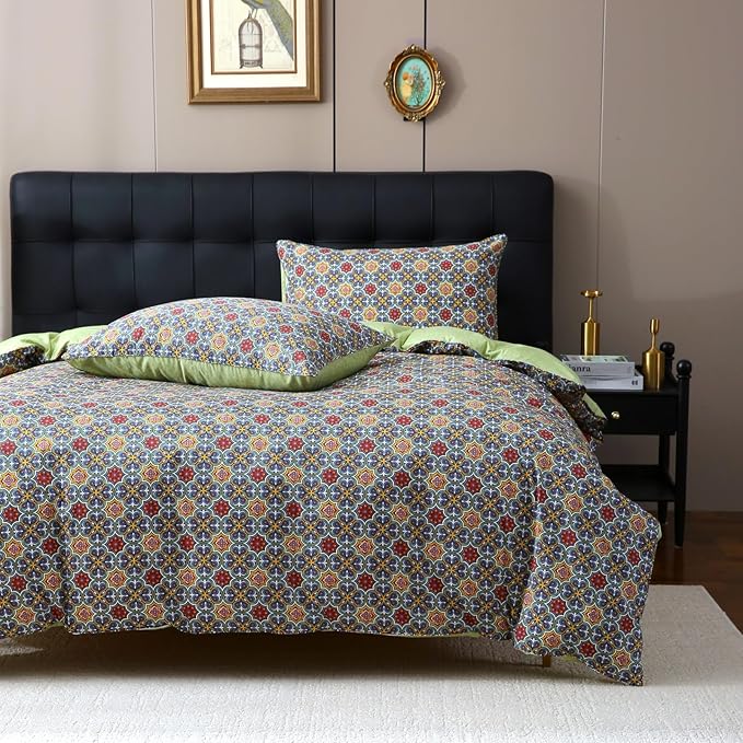 ABREEZE Bohemia Retro Bedding Ethnic Vintage Floral Duvet Cover Boho Bedding 100% Brushed Cotton Bedding Sets Damask Paisley Coloful Mandala Down Comforter Cover 3-Piece,Queen