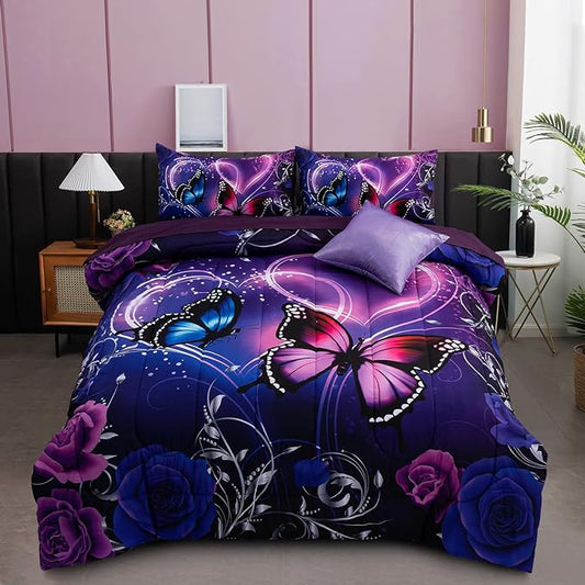 A Nice Night Galaxy 6pcs Bed in a Bag Purple and Blue Dreamy 3D Butterfly Printed, Butterflies Bedding Full Comforter Set, for Girls Kids Teens