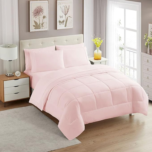 Sweet Home Collection 7 Piece Comforter Set Bag Solid Color All Season Soft Down Alternative Blanket & Luxurious Microfiber Bed Sheets, Pale Pink, Queen