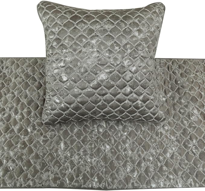 The HomeCentric King/Queen/Twin Grey & Silver Designer Queen 74"x18" Bed Runner with Pillow Cover, Quilted, Foil & Trellis Bed Scarf on Silk Fabric - Jumanah