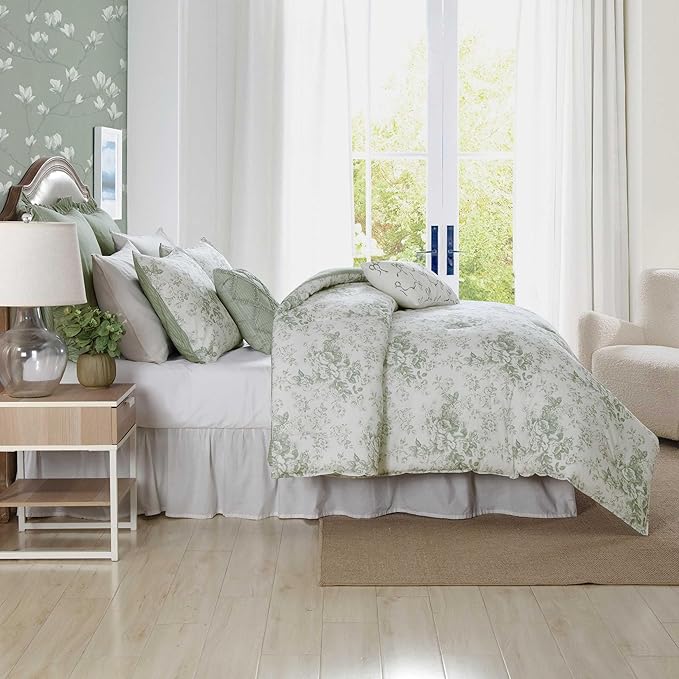 Laura Ashley - Full/Queen Comforter Set, Premium Cotton Bedding with Matching Shams & Bonus Decorative Pillow Covers, Floral Home Decor, Oeko-Tex Certified (Toile Delight Green, Full/Queen)