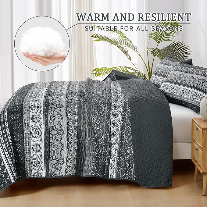 WONGS BEDDING Boho Queen Quilt Set, Black Bohemian Quilt Bedding Set, Lightweight Bed Decor Bedspread for All Season Reversible Microfiber Coverlet Bedding Set 96"x90"(3 Pieces)