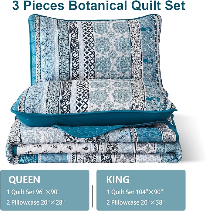 WONGS BEDDING Boho Quilt Set King Size, Teal Blue Bohemian 3 Pieces Quilt Sets, Lightweight Bedspread Coverlet Bedding Set for All Season (104"x90")