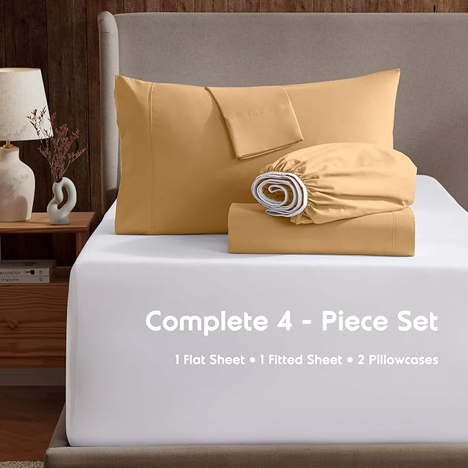 Nestl Full Sheet Set - Luxury 1800 Ultra-Soft Microfiber Full Bed Sheets - Double Brushed - Deep Pockets - Easy Fit - 4 Piece Set - Bedding Sheets & Pillowcases (Full, Camel Gold)