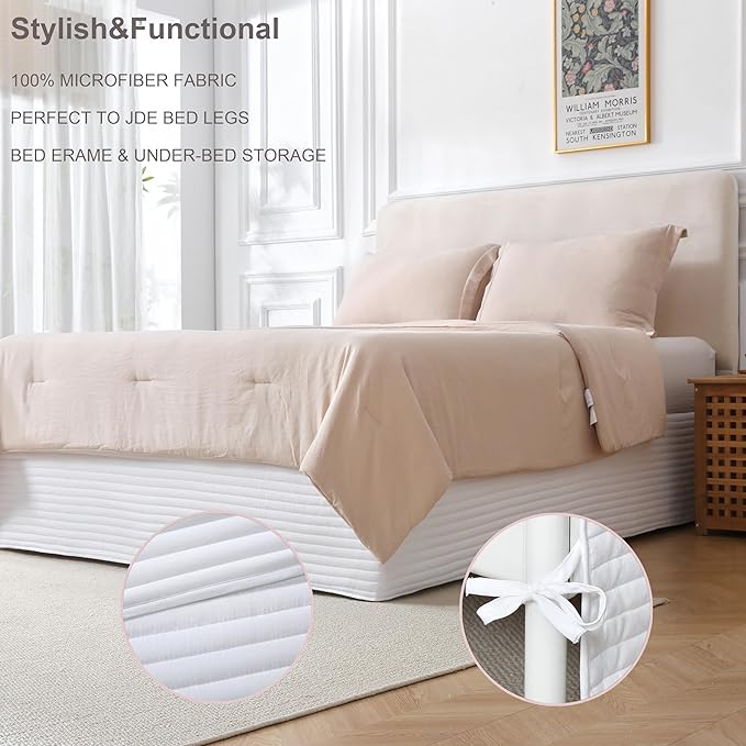 Queen Size White Bed Skirt with 14-Inch Drop, Easy Fit Wrap-Around Cover for Bed, Wrinkle-Free and Fade-Resistant Box Spring Cover.(White Stripes, Queen)