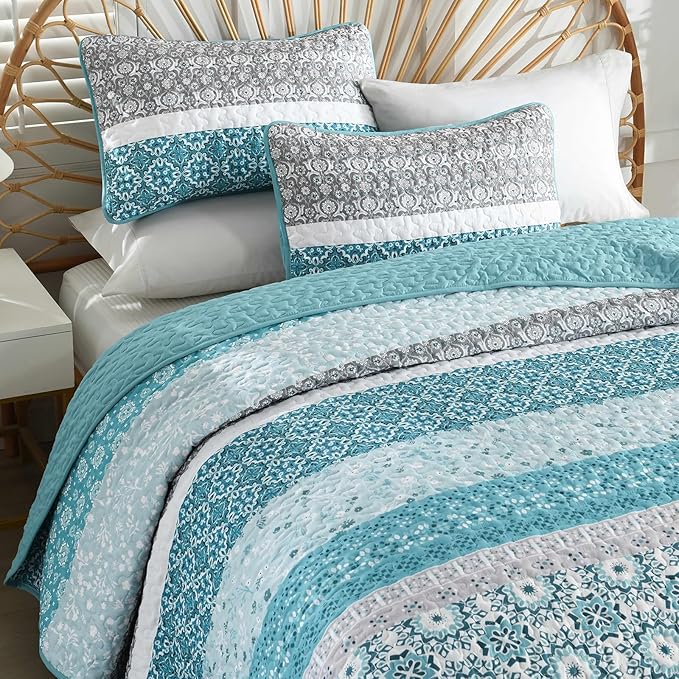 WONGS BEDDING Boho Quilt Set King Size,Teal Bohemian Striped Patchwork Bedspread Set,3 Pieces Lightweight Microfiber Bedding Set for All Seasons (104"×90")