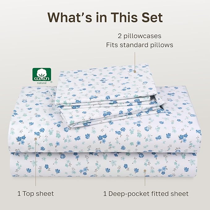 California Design Den Full Size Bed Sheets Set - 400 Thread Count Sateen, Natural 100% Cotton Sheets, Deep Pocket and Durable Bedding - Blooming Meadows