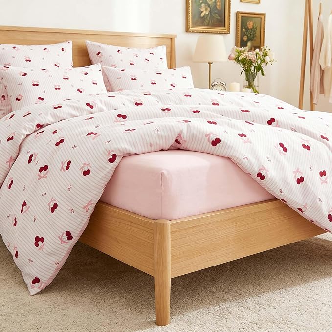 Nayoroom Pink Striped Bow Duvet Cover Queen Size Red Cherry Duvet Cover 3 Pieces Soft Lightweight Microfiber Girls Cute Aesthetic Dorm Bedding Set with Zipper Closure