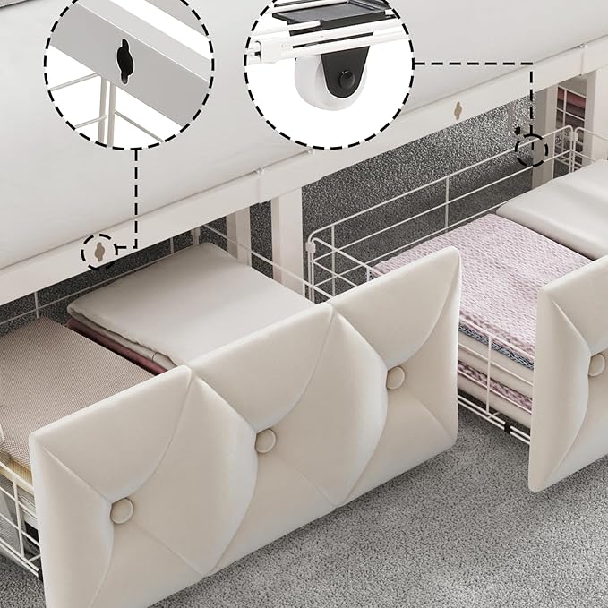 Keyluv Queen Upholstered Canopy Bed Frame with 2 Drawers and Button Tufted Headboard, Metal Platform Bed with 4 Removable Posts Two-Purpose Velvet Bed No Box Spring Needed, Beige/Curtains Not Included