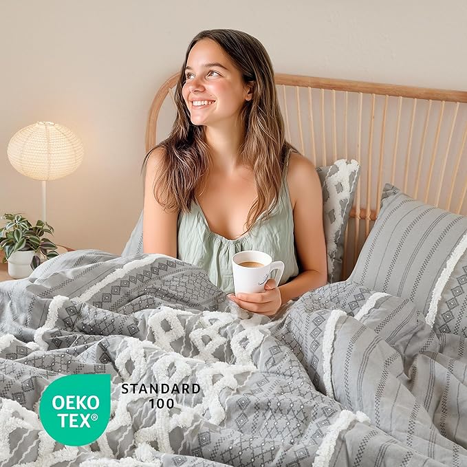 INK+IVY Imani 100% Cotton Duvet Mid Century Modern Design, All Season Comforter Cover Bedding Set, Matching Shams, King/Cal King, Gray Chenille Tufted Accent 3 Piece