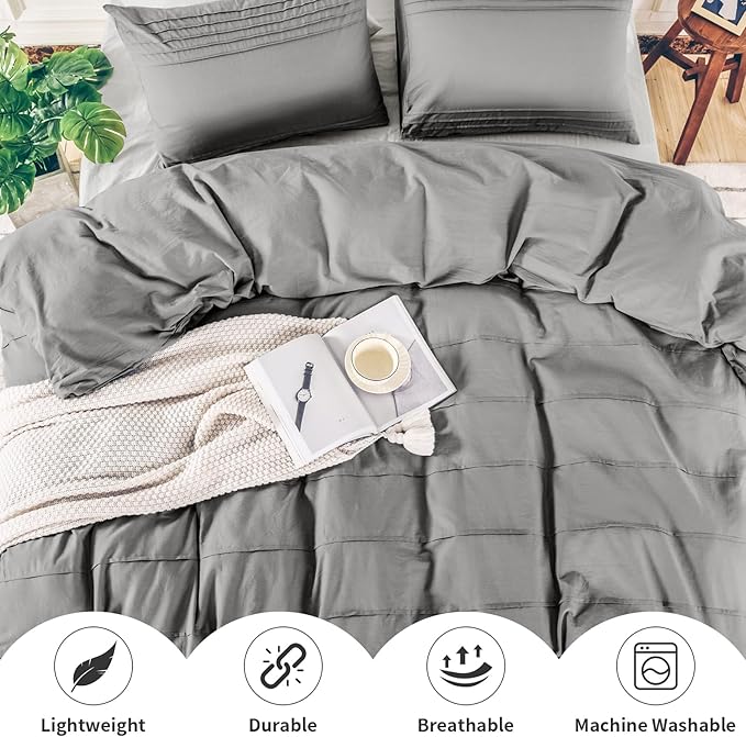 NEXHOME PRO 100% Organic Cotton Duvet Cover King Size, Linen Pleated Textured Duvet Cover Set Light Grey, 3pc Bedding Set with Zipper Closure, Soft, Lightweight and Breathable 104"x90", No Comforter