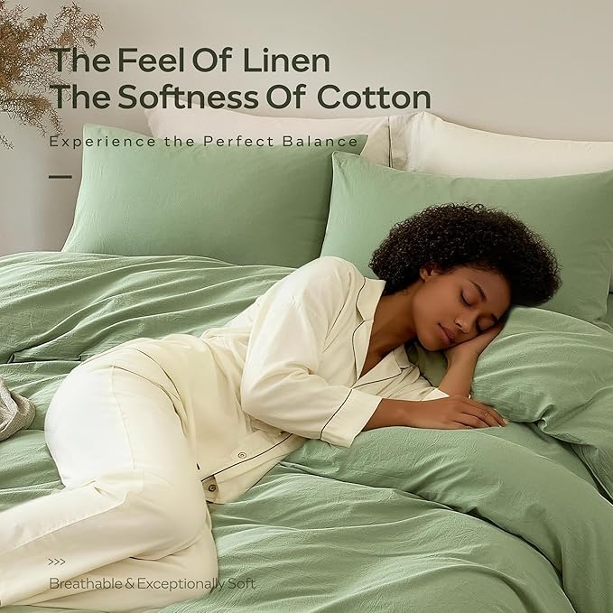 JELLYMONI Duvet Cover Twin Size - Washed Cotton Comforter Cover with Linen-Like Texture, Breathable & Soft Bedding for Modern Home,Guest Room and Everyday Use,Mint Green 1 Duvet Cover & 1 Pillowcase