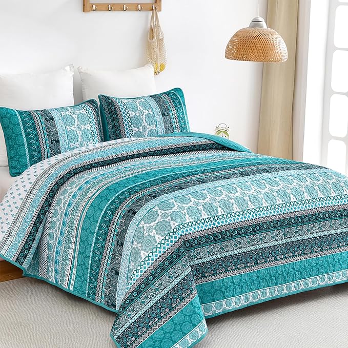 WONGS BEDDING Boho Quilt Set Queen Size, Teal 3 Pieces Bohemian Striped Patchwork Bedspread Coverlet, Lightweight Soft Microfiber Bedding Set for All Season (96"x90")