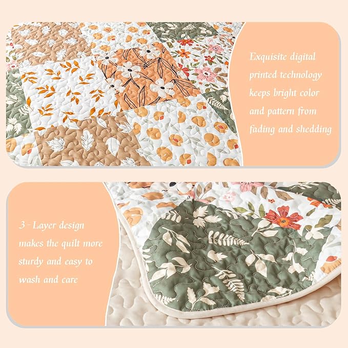 Whale Flotilla Patchwork Quilt Twin Size, Extra Soft Boho Floral Bedspreads for Bed Reversible Lightweight Twin Quilt Bedding Set Printed Coverlets with 1 Pillow Sham for All Seasons, Orange