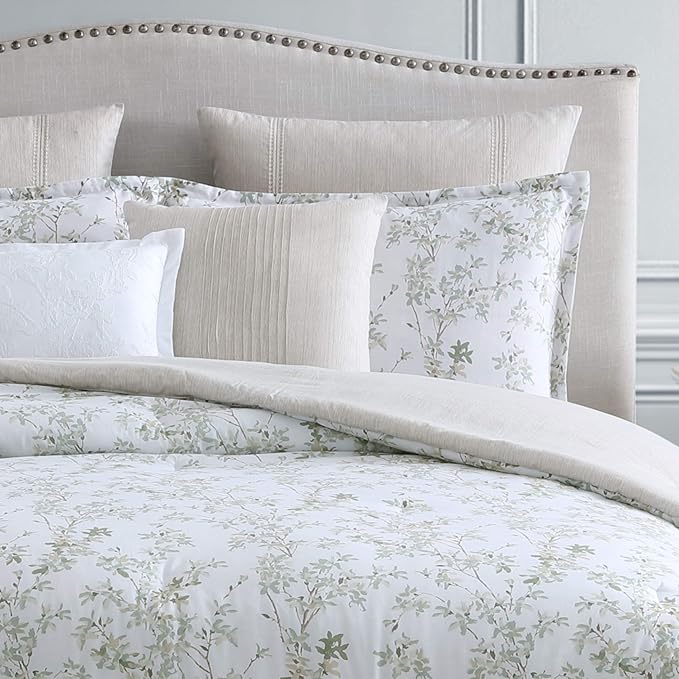 Laura Ashley Home - King Comforter Set, Cotton Reversible Bedding, Includes Matching Shams with Bonus Euro Shams & Throw Pillows (Lindy Green, King)