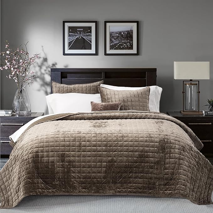 RECYCO Luxury Velvet Quilt Set Full Queen Size Bedding Sets, Ultra Soft Velvet Comforter Set, Lightweight Channel Box Stitch Oversized Bedspread Coverlet for All Season, with 2 Shams, Mocha Brown