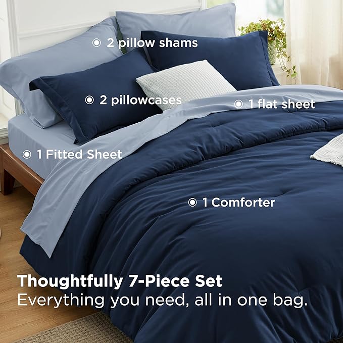 Bedsure King Size Comforter Set - 7 Pieces Navy King Bedding Set for All Seasons, Boho Contrasting Design Bed in a Bag with Comforter, Sheets, Pillowcases & Shams