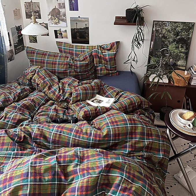 mixinni Buffalo Plaid Duvet Cover King Size - 100% Washed Cotton 3-Piece Bedding Set for All Seasons, Retro Grid Design, Soft Breathable Comforter Cover with Zipper Ties for Men, Women-King Size