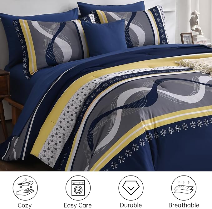 Anibedding Striped Comforter Set Queen Size,8 Pieces Bed in a Bag Navy Blue Yellow Patchwork Bedding Sets,Boho Soft Microfiber Bedding Set for All Season(90"×90")