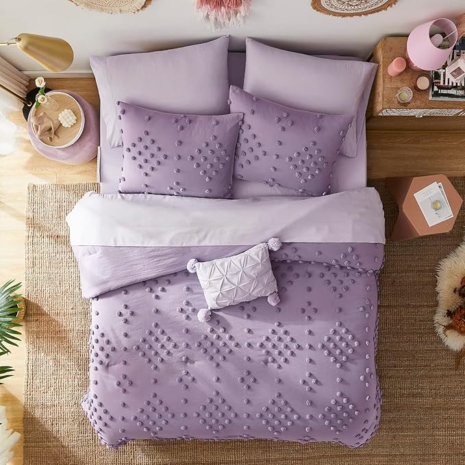 Geniospin Purple Full Comforter Set for Girls- 7 Pieces Pom Tufted Bed in A Bag Full Bedding Sets with Sheets, Pillowcases & Shams, All Season Kids Comforter Set