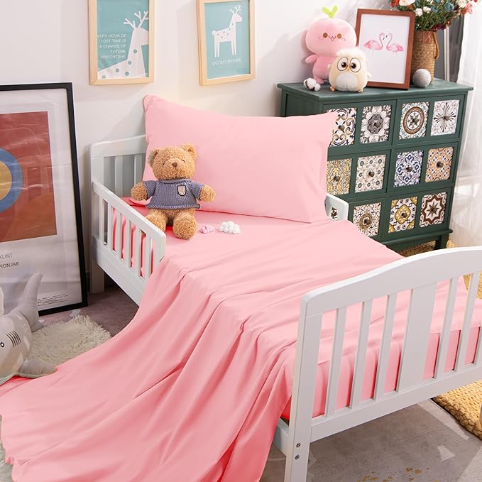 NTBAY Toddler Sheet Set - 3-Piece Microfiber Crib Sheet Set - Flat Sheet, Fitted Sheet, Pillowcase - Solid Toddler Bedding, Pink