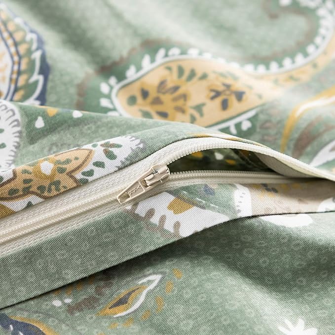 YuHeGuoJi Green Paisley Duvet Cover Queen 100% Cotton 3 Pcs Set 1 Vintage Bohemian Floral Duvet Cover with Zipper Ties 2 Pillowcases Sage Green Boho Damask Bedding Set Soft