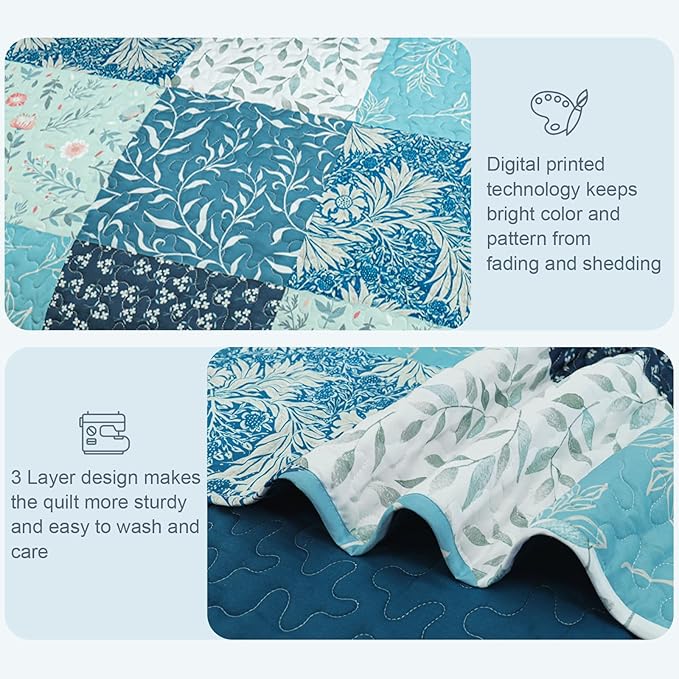 Exclusivo Mezcla Reversible Boho Quilts King Size, Navy Blue Bedspreads Lightweight Coverlet All Season Patchwork Quilt Bedding Set with Printed Floral Pattern (1 Quilt, 2 Pillow Shams)