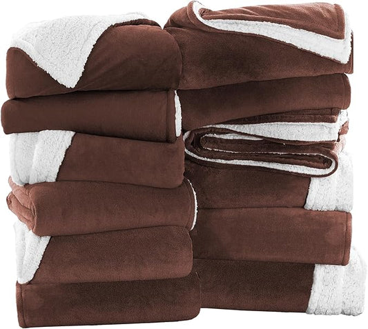 MOONLIGHT20015 Coffee Sherpa Fleece Throw Blanket Twin Size for Bed - Wholesale Bulk Pack of 12 Sherpa Blankets - Soft Fluffy Throw Blankets for Hotels, Guest Bedroom, 60x80 Inches