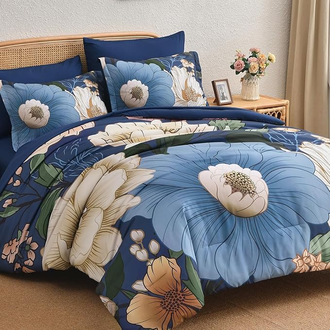 Xruibed Retro Navy Blue Floral Comforter Set Queen Size 7 Pieces Bed in a Bag Navy Floral Comforter Flower Bedding Sets Lightweight Boho Bed Set with Sheet, Pillowcases&Shams for All Season