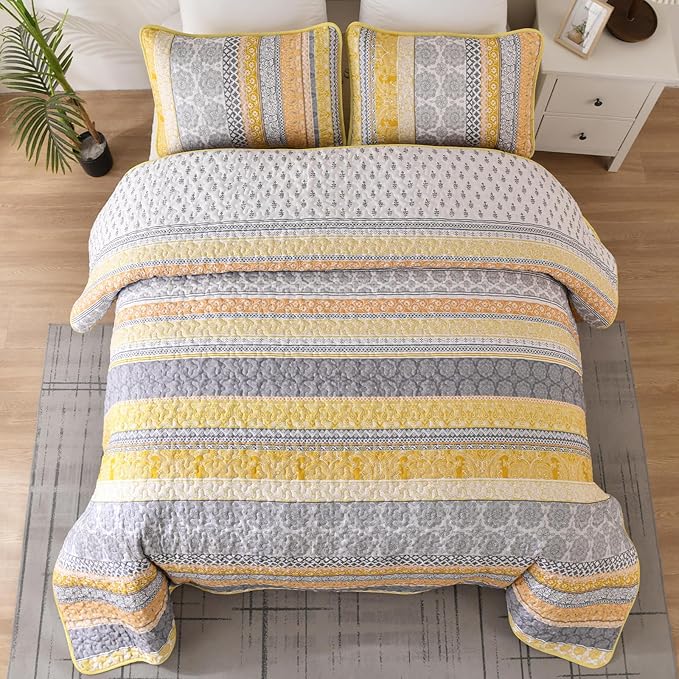 WONGS BEDDING Boho Quilt Set King Size, Yellow Bohemian 3 Pieces Fall Quilt Sets, Lightweight Bedspread Coverlet Bedding Set for All Season (104"x90")