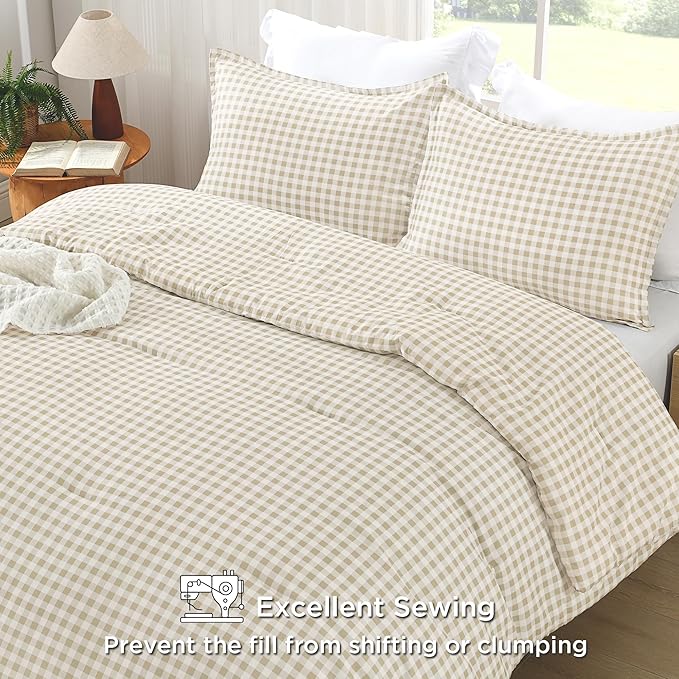 Andency Beige Gingham Comforter Set Queen(90x90Inch), Cream Checkered Grid Plaid Buffalo Bed Set for Girls Boys Kids Teens, 3 Pieces Lightweight Microfiber Geometric Preppy Bedding