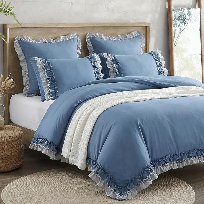 Blue Ruffle Duvet Cover Set Shabby Chic Boho Bedding Queen Elegant Lace Fringe Ruffled Bedding Super Soft Lightweight All Season Duvet Cover with Pillowcases