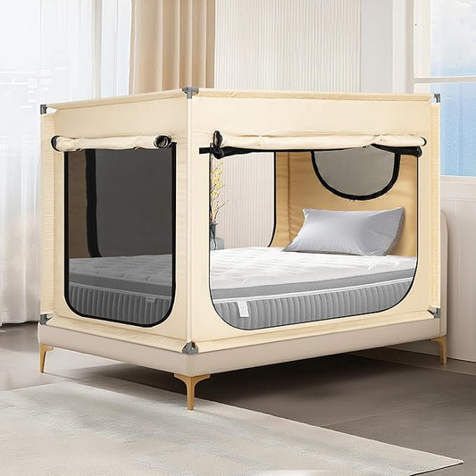 Twin Bed Canopy Portable Blackout Bed Tent Privacy Tent for Adult Indoor Sleeping with 3 Doors, Storage Bag, Khaki