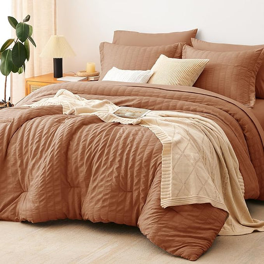 CozyLux Full Size Comforter Sets with Sheets Seersucker 7 Pieces Pumpkin Bed in a Bag Textured Luxury Soft Bedding Set with Down Alternative Comforter, Sheets, Pillowcases & Shams for All Seasons