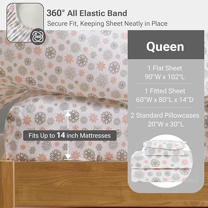 True North by Sleep Philosophy Cozy Flannel Warm 100% Cotton Sheet - Novelty Print Animals Stars Cute Ultra Soft Cold Weather Bedding Set, Queen, Pink/Grey Snowflakes 4 Piece