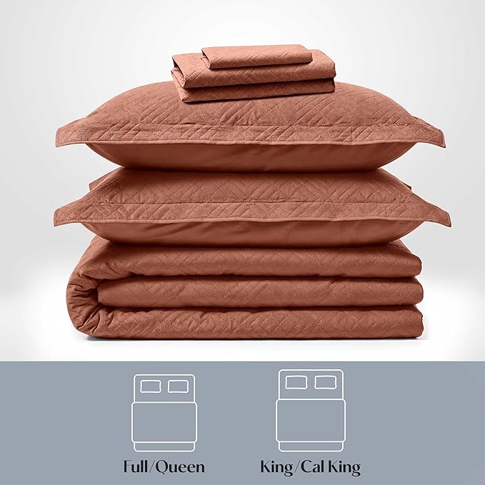 Hearth & Harbor King Quilt Set – All-Season Lightweight Bedspread & Coverlet with Pinsonic Weave - 7 Piece King Quilt Set with Pillow Shams, Mocha - King Diamond