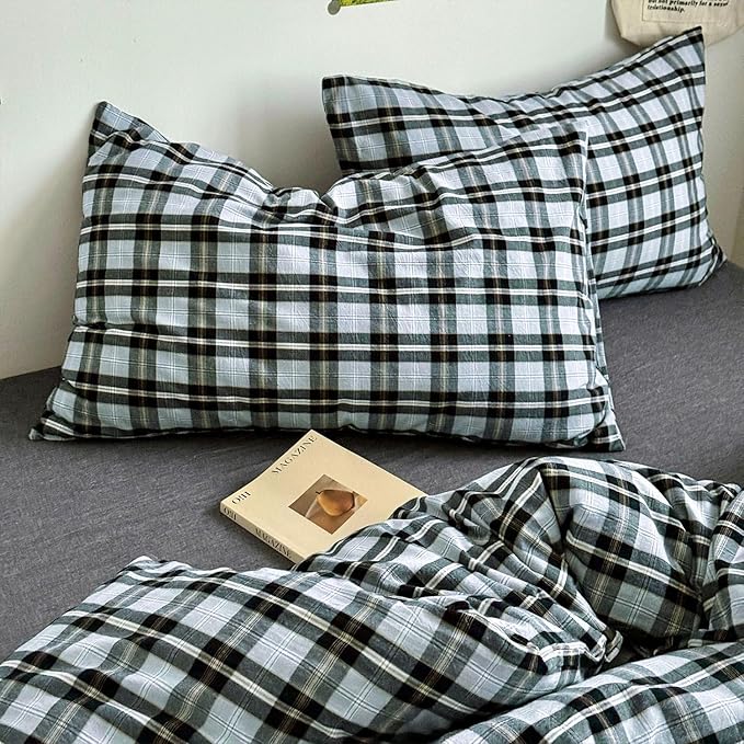 mixinni Vintage Grey & Pale Blue Buffalo Plaid Duvet Cover Set Queen Size - 3 Piece Washed Cotton Bedding Set with Grid Pattern, Soft & Breathable Duvet Cover with Pillowcases for Boys, Men& Women