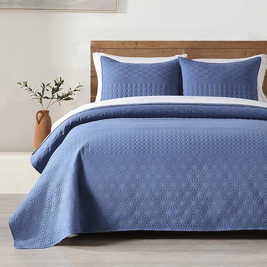 HORIMOTE HOME Denim Blue Twin Size Quilt Set - Soft Microfiber Bedspread with 1 Sham, Lightweight & All-Season Geometric Coverlet for Cozy Bedding